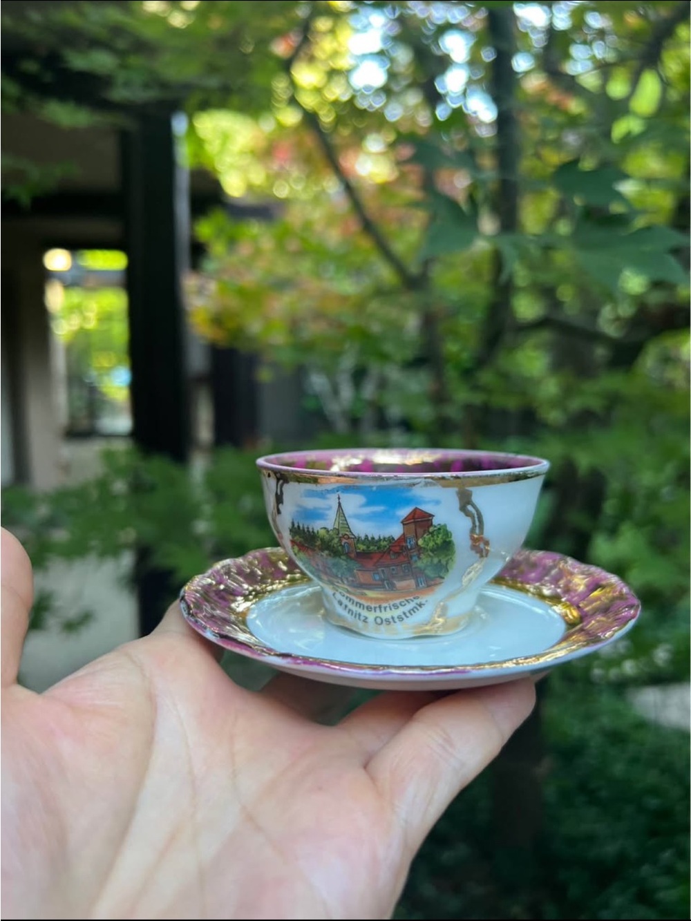Vintage Scenic Porcelain Teacup & Saucer Set — Pink and Turquoise Gilded